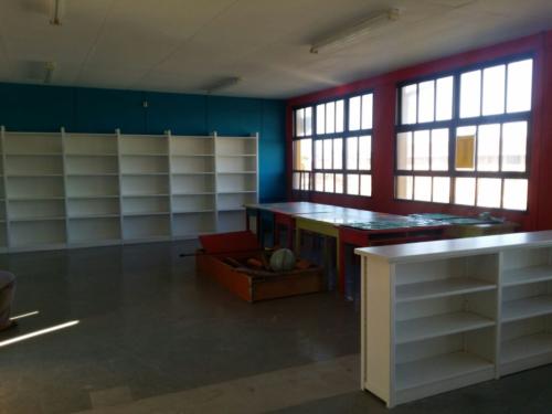 Library area with painted shelves